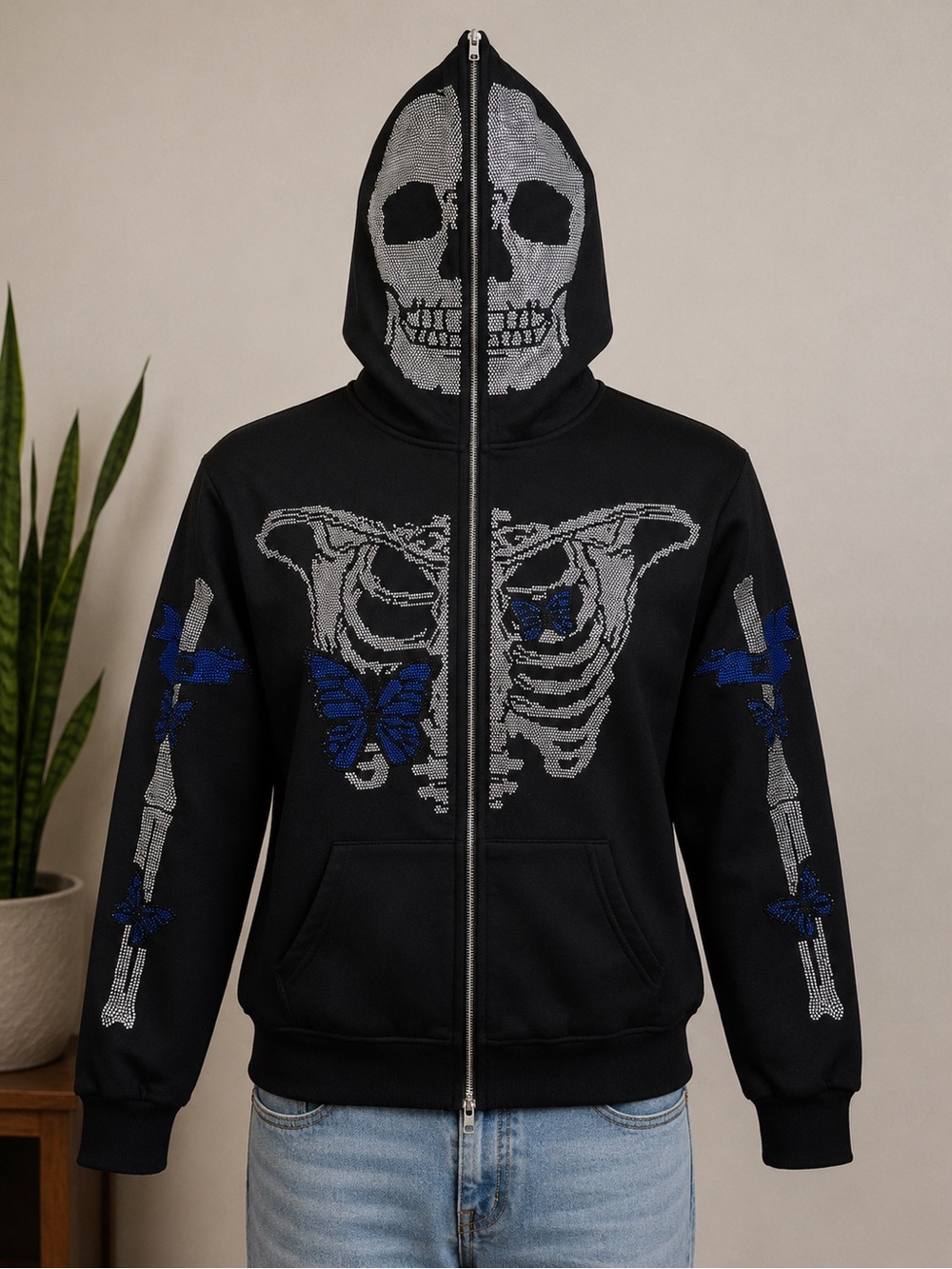 Skeleton Butterfly Full Zip Hoodie Skull Goth Y2K Streetwear XL